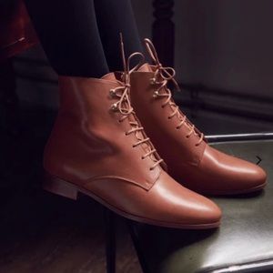 Sezane Eugenie Camel Leather Ankle Lace up Boot with zipper